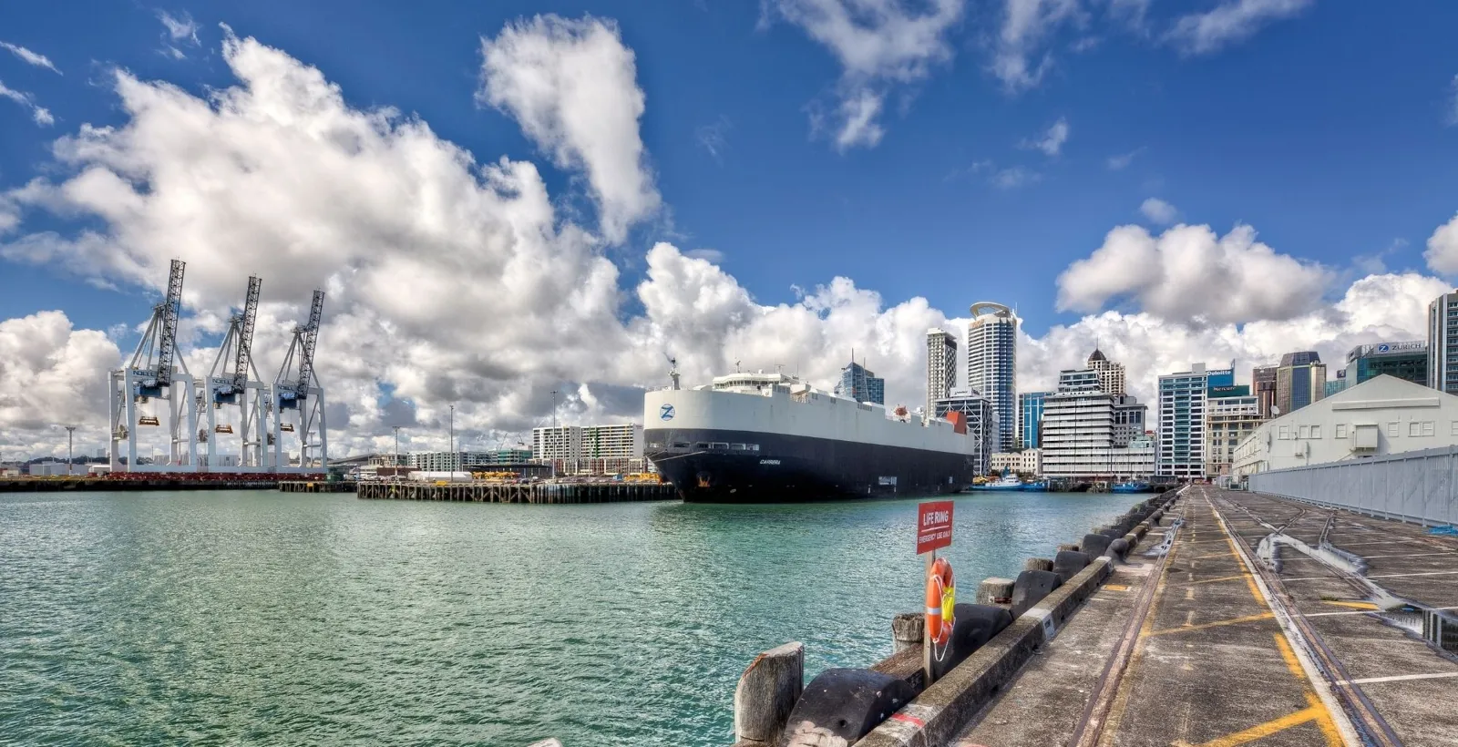 Container cranes and a car carrier ship at the port, with the city towers behind