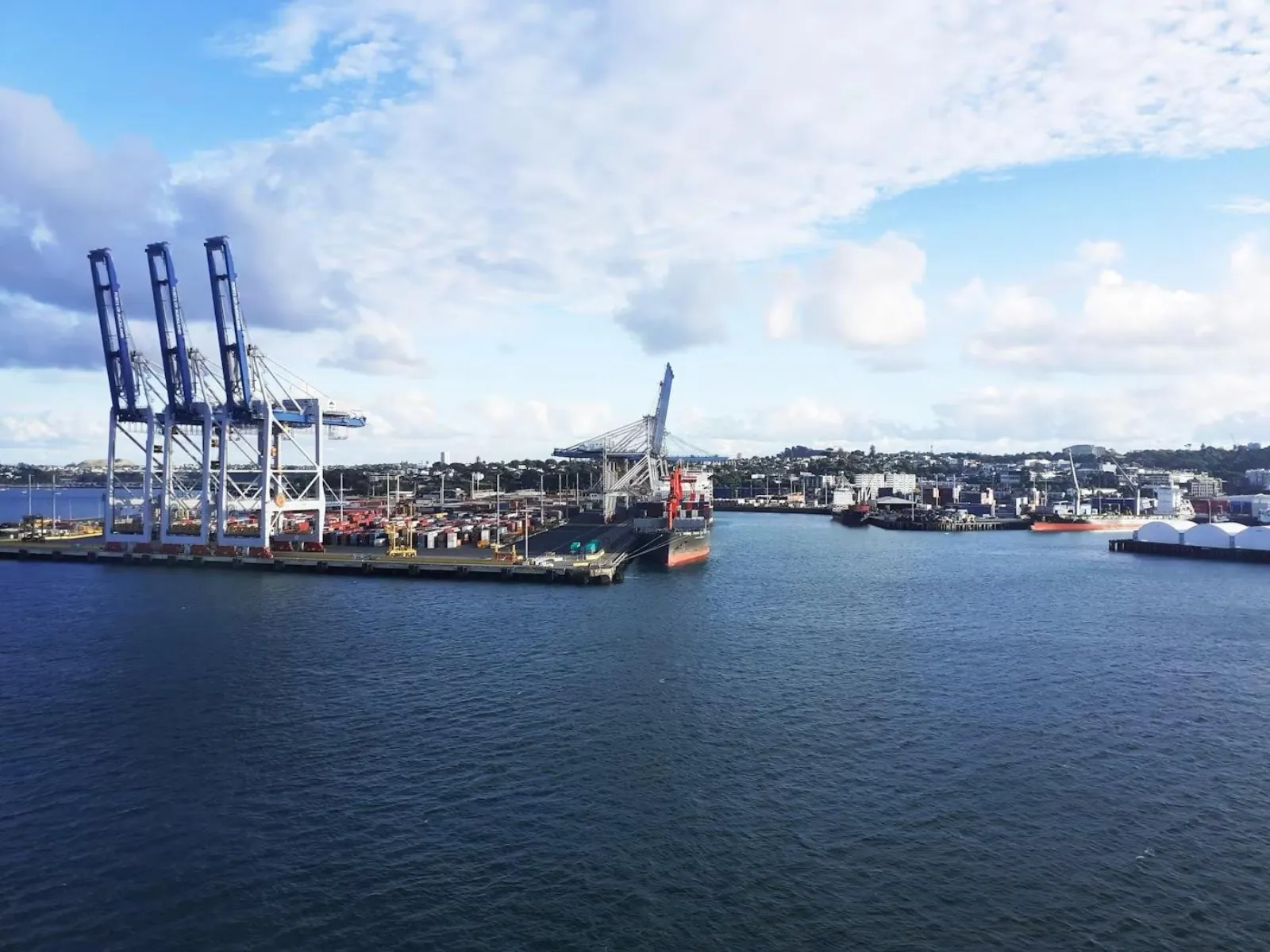 Container cranes at the Ports of Auckland seen across the harbour