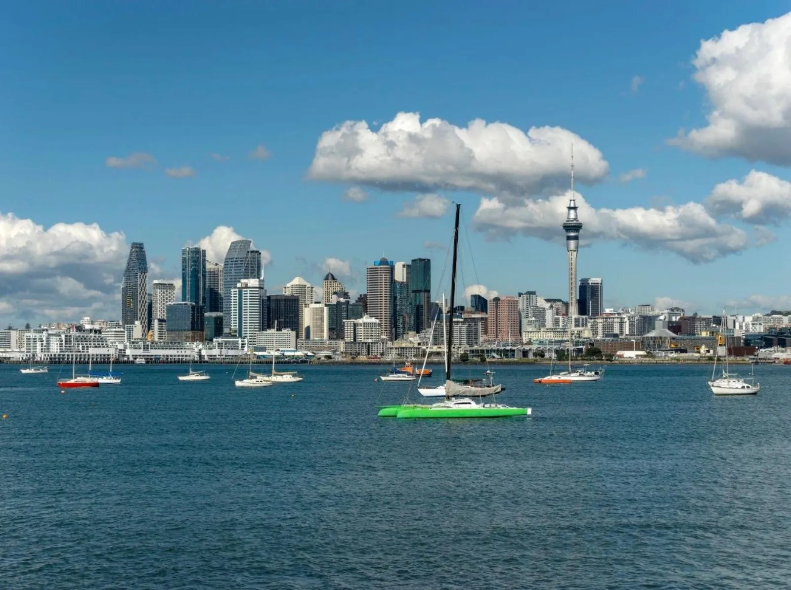City skyline behind moored yachts and a bright green racing catamaran