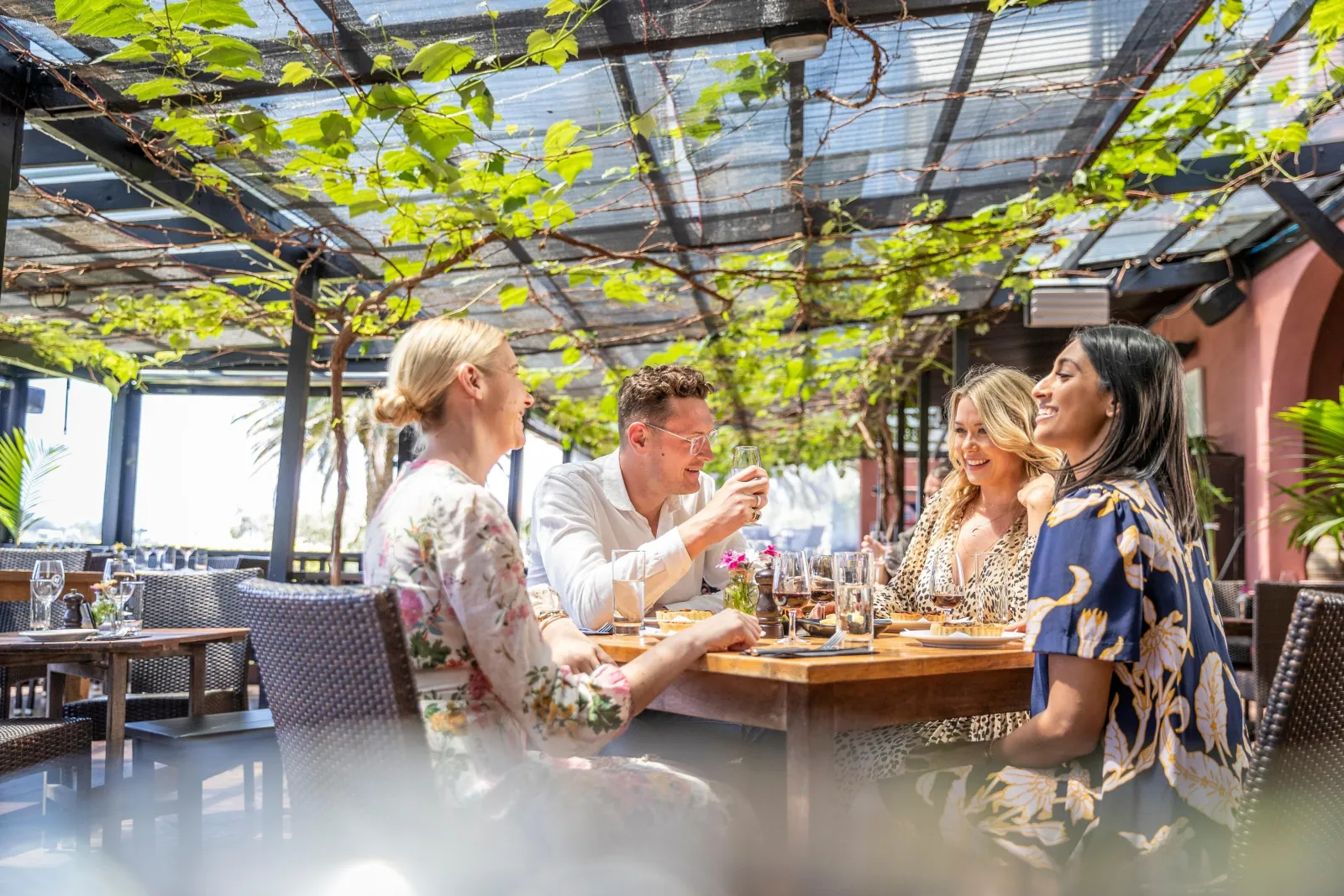 Diners at a vine-covered restaurant terrace on Waiheke Island