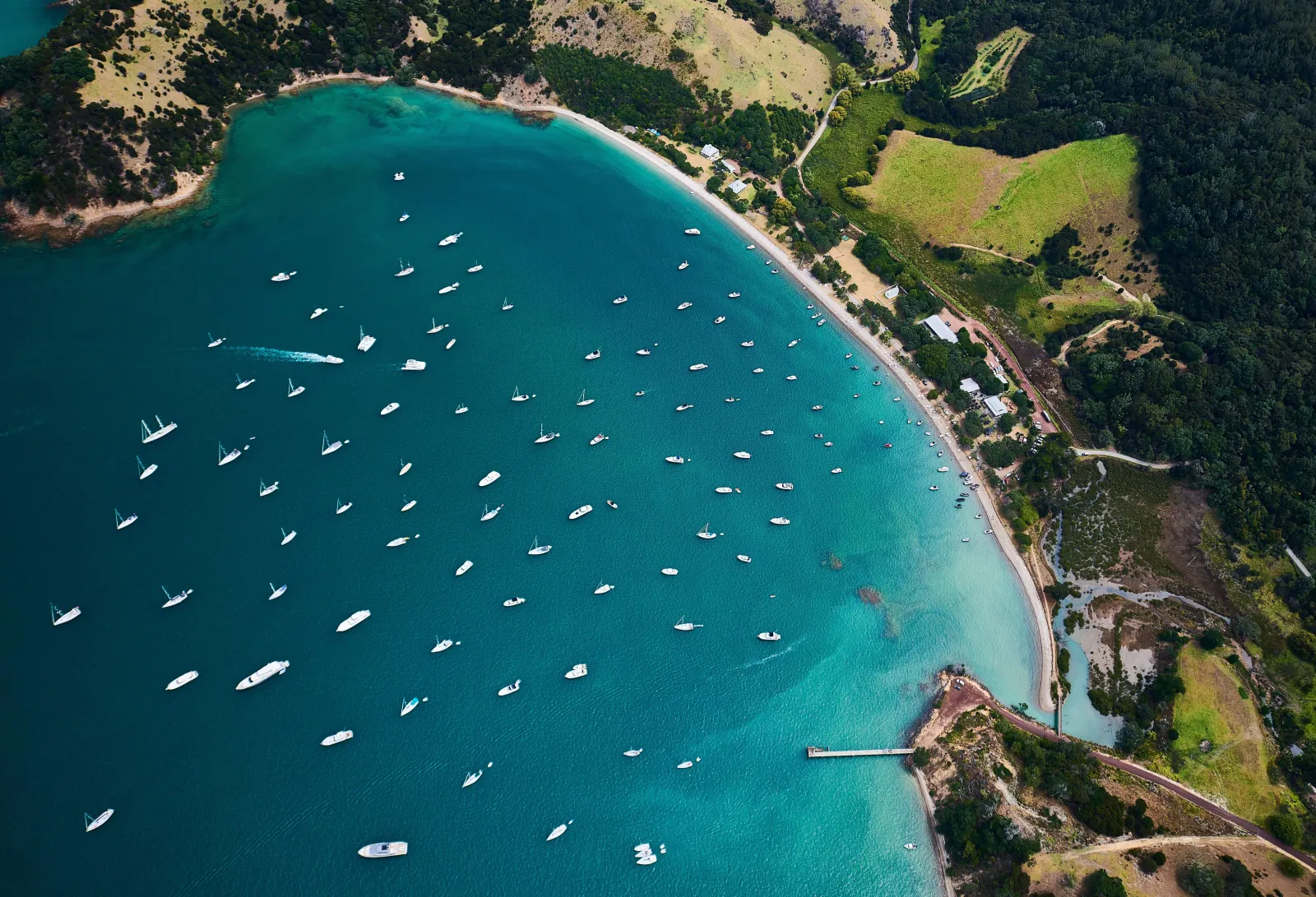 Aerial view of Man O' War Bay dotted with anchored boats